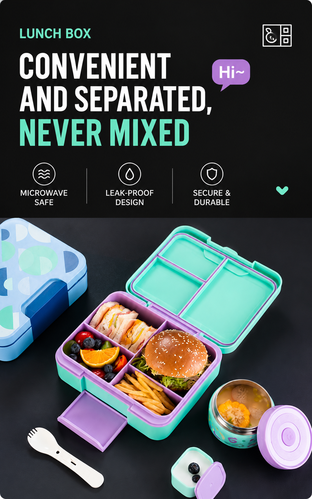 Kids Bento Lunch Box Set with Vacuum Thermos, Sauce Container & Cutlery, Leak-Proof