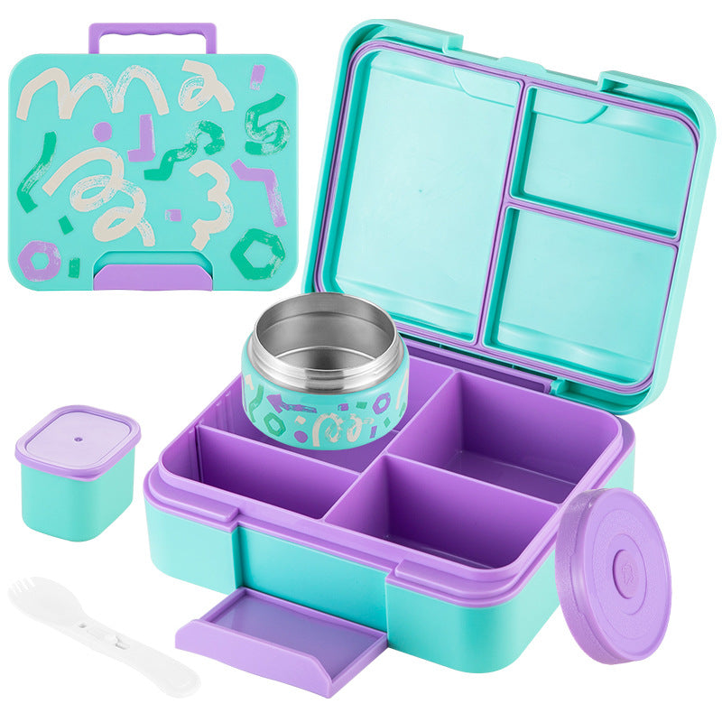 Kids Bento Lunch Box Set with Vacuum Thermos, Sauce Container & Cutlery, Leak-Proof