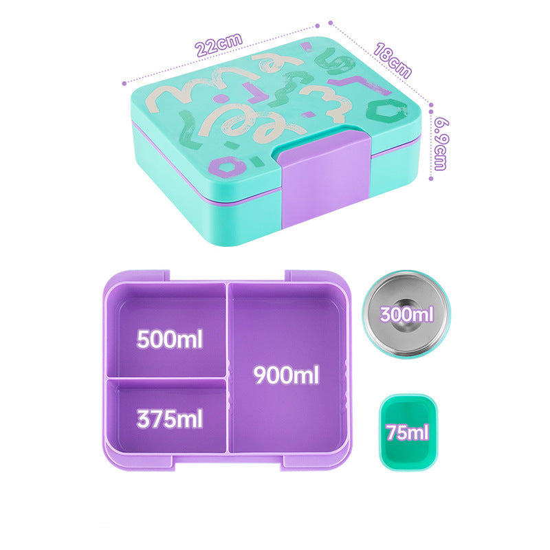 Kids Bento Lunch Box Set with Vacuum Thermos, Sauce Container & Cutlery, Leak-Proof